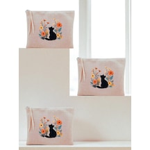 Çiçek Ve Kedi Teması Baskılı 3'lü Makyaj Çantası 20x25 Cm - Kadın Doğum Günü Hediyesi Kadın Hediye
