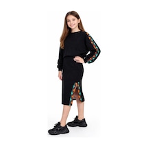 İrem Çocuk Giyim Kız Çocuk Eteği Yırtmaçlı Yeşil Turuncu Şeritli Sweatshirt Etekli İkili Takımı Siyah
