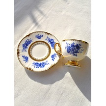 Porselen Gold Kahve Fincanı Altın Çiçekli 2 Kişilik 4 Parça Blue Rose Altın