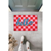 Rugmood Modern Dijital Baskı Paspas - Hello Yazılı Kırmızı Kareli Şık Kapı Önü Paspası