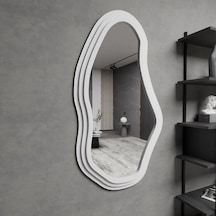 75x132 Cm Modern Dalgalı Duvar Aynası Mdf Beyaz Çerçeve İrregular Dekoratif Ayna, Salon Yatak Odası Hol Ayna Beyaz