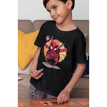 Sevbano Unisex Deadpool Baskılı Film Kahramanı Çocuk Tişört 1-12 Yaş Siyah