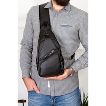 Yıkama Deri Göğüs Çantası Kulaklık Ve Şarj Çıkışlı Tek Kol Çarpraz Bodybag Mini Sırt Çanta Siyah