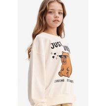 Defacto Kız Çocuk Relax Fit Bisiklet Yaka Baskılı Sweatshirt G3406a825wner105 Ekru-er105