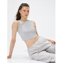 Koton Crop Atlet Dar Kesim Bisiklet Yaka Gri Melanj 3sal30079ık