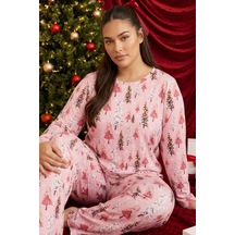 Siyah İnci Yılbaşı Temalı Desenli Termal Kumaşlı Ultra Soft Yumuşak Büyük Beden Battal Boy Örme Pijama Takımı 26226706 Pembe