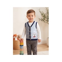Deniva Kids Unisex Bebek & Çocuk Çizgili Ayıcık Nakışlı Düğmeli Triko Yelek Süveter Beyaz