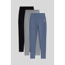 Tommylife Slim Fit 3lü Paket Siyah - Gri Melanj - Petrol Kadın Tayt - 94011 Siyah - Gri