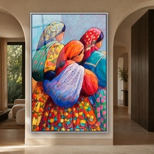Renkli Halk Figürleri Gümüş Çerçeveli Cam Tablo