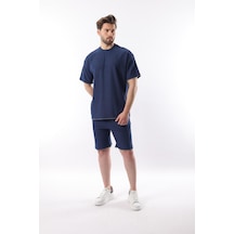 Madmext Lacivert Nakış Detaylı Erkek Şort T-shirt Takım E7305 Lacivert