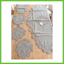 Bezos Salon Takımı Çeyizlik Gri Runner Set 5 Parça Keten Masa Örtüsü Runneri Flowers Dmc