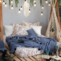 İyi Geceler İstanbul Boho Chic Çift Kişilik Battaniye Takımı Coba Mavi