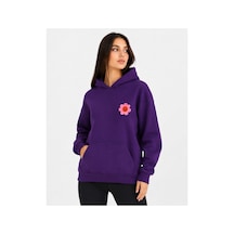 Herkesemoda Emoji Çiçek Baskılı Kapüşonlu 2 İplik Şardonlu Sweatshirt Mor