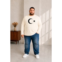 Sngl Tekstil Erkek Büyük Beden Uzun Kollu Ay Yıldız Baskılı Tişört 3xl 4xl 5xl 6xl 7xl 8xl 9xl Ekru