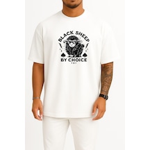 Bahriyeli Collection Oversize Siyah Koyun By Choice Göğüs Baskılı Unisex T-shirt Beyaz