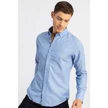 Tudors Slim Fit Dar Kesim Uzun Kol Poplin Oxford Erkek Gömlek-15756 Mavi