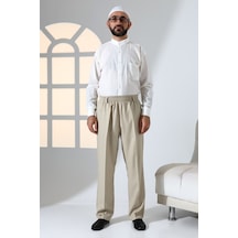 Erkek Rahat Kesim Beli Lastikli Cepli Hac Ve Umre Kumaş Şalvar Pantolon - Krem Rengi İsr Krem