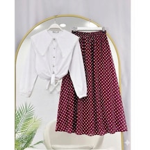 Lovie Moda Kadın Fisto Gömlek Benek Desenli Etekli Takım Bordo