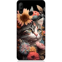 Huawei P30 Lite Uyumlu Silikon Kılıf Çiçekler Ve Kül Gri Kedi