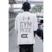 Gym Mode On Bodybuilding Fitness Sırt Baskılı Unisex Oversize Spo Beyaz