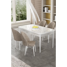 Canisa Gale Serisi 80x132 Açılabilir Lak Panel Beyaz Mermer Desen Mutfak Masa Takımı 4 Cappucino Sandalye Masa Beyaz Mermer Desen Sandalyeler Cappucino