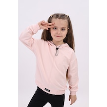 Toontoy Kız Çocuk Oversize Kapüşonlu Düşük Omuz Baskılı Nervürlü Sweatshirt - 2 İplik Pudra