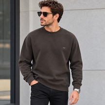 Erkek Modal Kumaş Bisiklet Yaka Sweatshirt Şık Tasarım, Tam Kalıp Kahverengi