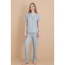 Wordex Mirano 9512 Güllü Pegasus Kumaş Düğmeli Kısa Kolu Kadın Pijama Takımı Yeşil