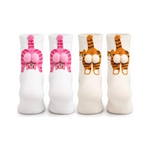 Genel Kadın 2'li Kedi Desenli Ponponlu Soket Çorap Seti Pembe Turuncu 3d F Çok Renkli / 36-40 / 2 Adet Çok  Renkli