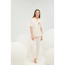 U.S. Polo Assn. 16608 Kadın Baskılı Düğmeli Pijama Takım Ekru