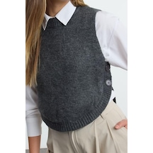 Ersefa Stil Modern Kadın Crop Standart Kol Bisiklet Yaka Yumuşak Dokulu Antrasit