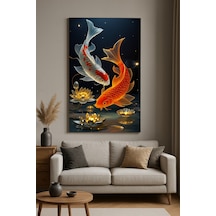 Altın Ve Gümüş Koi Balıkları Feng Shui Bereket Ve Huzur Temalı Cam Tablo Lotus Işıltısı