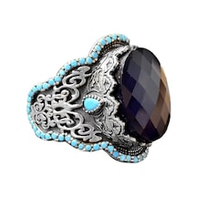 El Yapımı 925 Ayar Gümüş Erkek Yüzük Doğal Taş - Orta Doğu Kültürel Tasarımı Oniks Gümüş