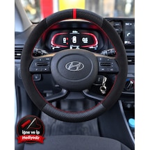 Hyundai İ10 Dikme Direksiyon Kılıfı Alcantara Süet Mat Karbon Kırmızı Yüzük Ve Dikiş 2020-2026 Siyah