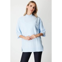 On Fashion Kadın Yarım Kol Tek Omuz Zincirli Mavi Kazak 65381 Mavi