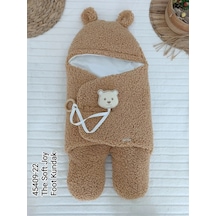 Yenidoğan Kulaklı Şapkalı Açılır Kucaklı Cırt Kapamalı Ayaklı Bebek Battaniyesi Kundak Kahverengi Kahverengi