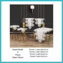 Bezos Salon Takımı 5 Parça Keten Masa Örtüsü Runner Seti Çeyizlik Kayla Model No 22252 Krem-gümüş Dfnbez
