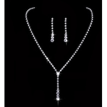 Ehediye Chavin Düğün Nişan Kına Damla Taşlı Kadın Kolye Küpe Set Eg87 Beyaz