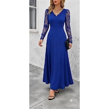 Butik İstanbul Kadın Uzun Kollu Dalgalı V Yakalı Dantelli Uzun Janjan Krep Elbise Saks Mavi