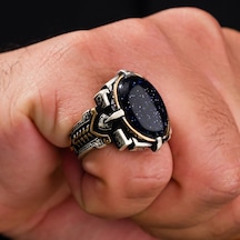 Mavi Yıldız Taşlı Tasarım 925 Ayar Gümüş Erkek Yüzük Gümüş