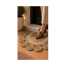 Jüt Hasır Kapı Önü Paspası - 50x70 Cm Bohem Yarım Ay Halat Örgü Paspas Kahve-krem