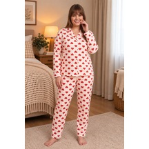 Wordex Mirano 9850 Uzun Kollu Şardonlu Soft Kışlık Düğmeli Büyük Beden Kalpli Kadın Pijama Takımı Ekru