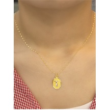 14 Ayar Altın Aynalı Oval T Harfli Kolye Altın