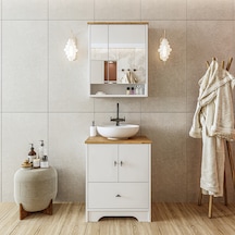 Ayaklı 2 Kapaklı Lavabolu Mdf 60 Cm Çekmeceli Banyo Dolap Aria Atlantik Çam - Beyaz