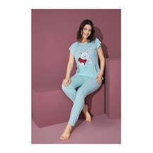 Rindahomewear Kadın Fitili Düşük Kol Cepli Pijama Takımı Mavi