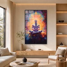 Renkli Aurada Lotus Meditasyonu Siyah Çerçeveli Cam Tablo