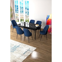 Canisa Concept Zen Serisi 80x132 Mdf Açılabilir Siyah Mermer Desen Masa Takımı Ve 6 Lacivert Sandalye Masa Siyah Mermer Desen Sandalye Lacivert