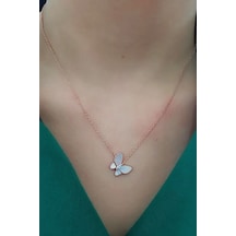 Sedef Taşlı Kelebek Figürlü Gümüş Üzerine Rose Altın Kaplamalı Ko