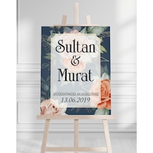 Söz Nişan Düğün İçin 50x70 Karşılama Panosu - Yeşil Pastel Çiçek Tasarımlı Beyaz