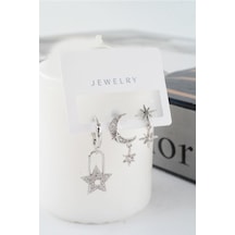 Kadın Vip Seri Zirkon Taşlı Ay Ve Yıldız Model 3'lü Küpe Seti Çok Renkli